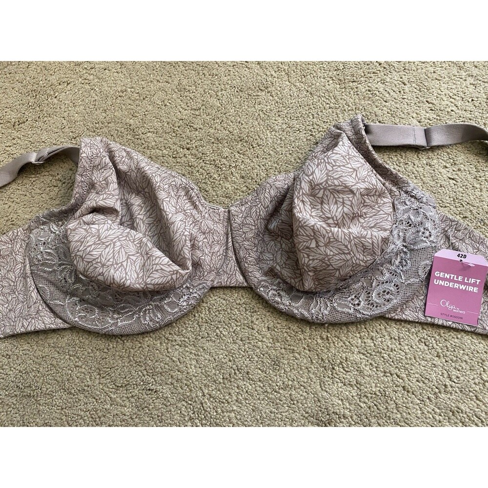 NWT Olga by Warner’s Gentle Lift Underwire Bra - Size 42D Beige Leaf Print Lace